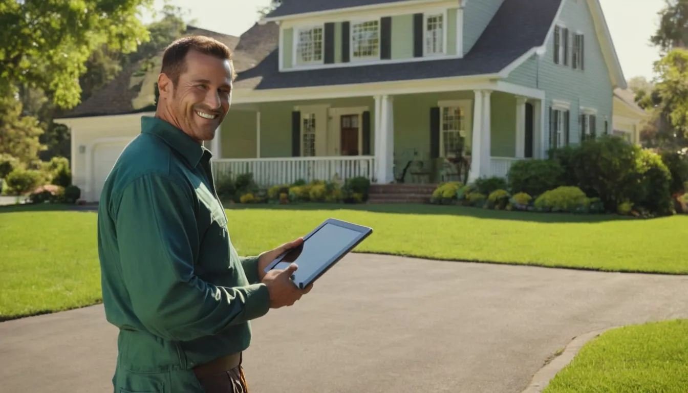 A friendly septic provider reviewing a quote with a homeowner outside a colonial home near Alexandria